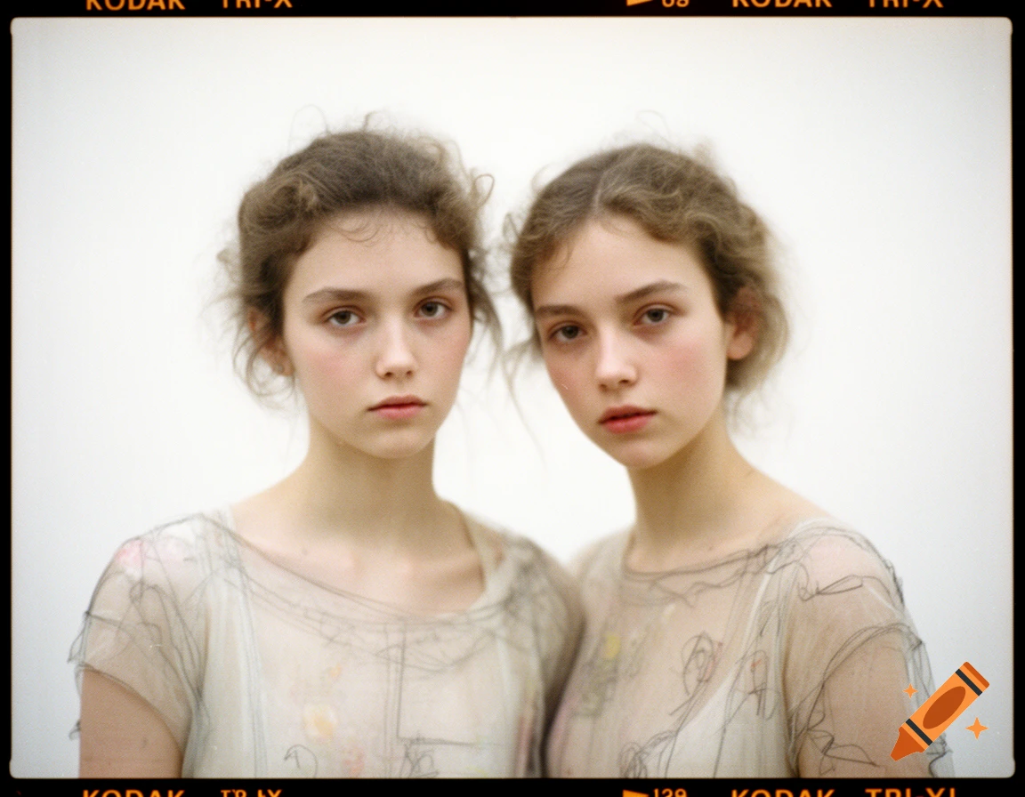 Two young girls with curly hair stare forward in a soft-focused, grainy portrait with a Kodak Tri-X film border, against a white background.