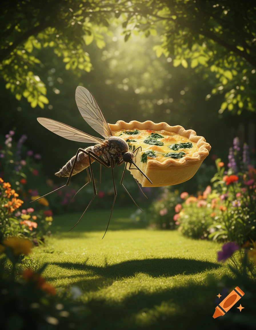 A large, photorealistic mosquito carries a mini quiche over a sunny green lawn in a lush garden with flowers and trees.