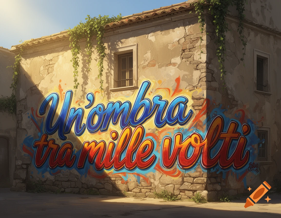 A weathered building wall in sunlight with colorful blue and red graffiti reading 'Un'ombra tra mille volti', topped with terracotta tiles and ivy.