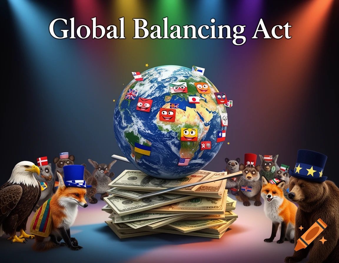 An illustrative image of a globe balancing on stacks of money, surrounded by animals representing countries, under the text "Global Balancing Act".