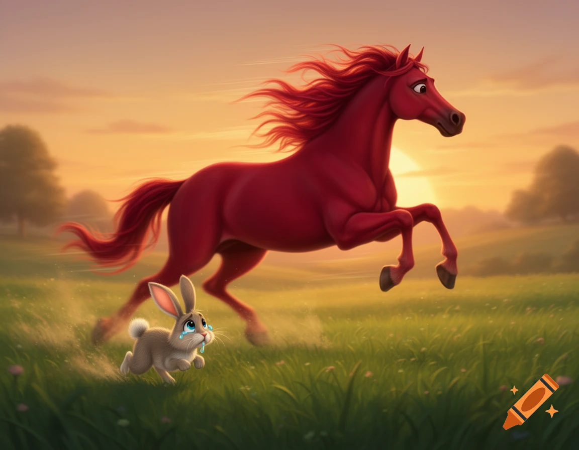 A stylized red horse gallops with a small crying rabbit through a green meadow at sunset, in a digital illustration.