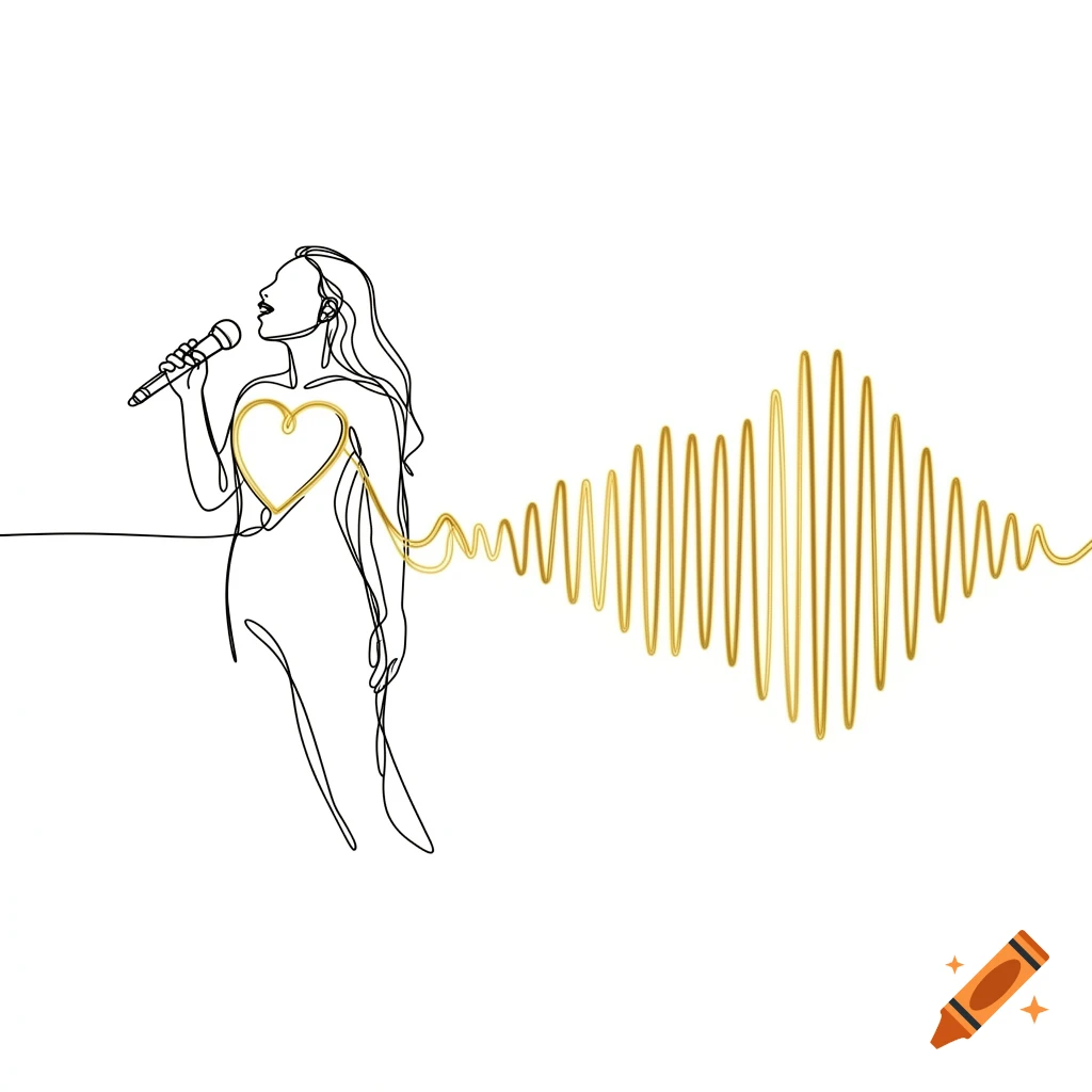 Abstract continuous line art of a singer with a heart on her chest, connected to a golden soundwave pattern.