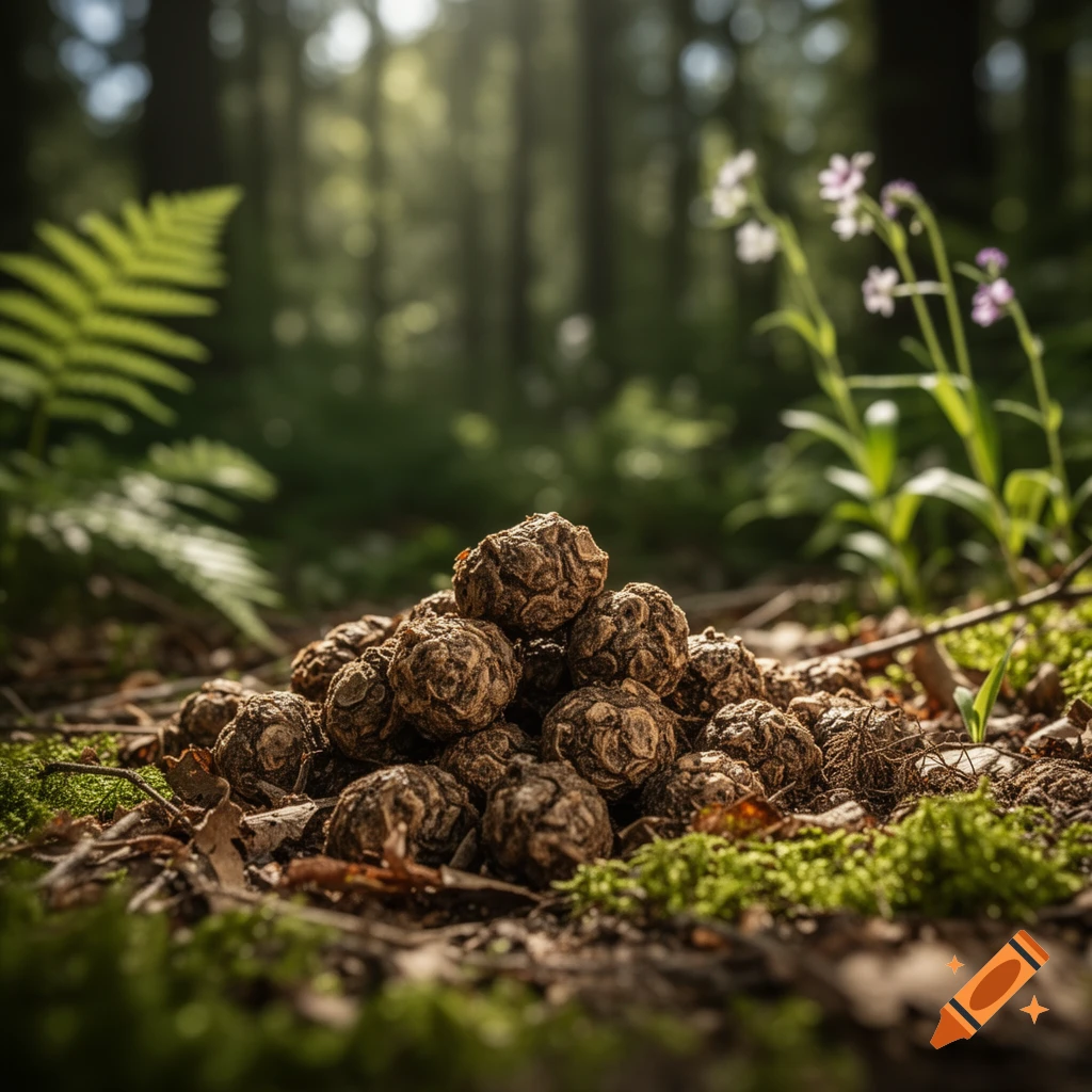 A pile of dark organic matter on a mossy forest floor with ferns and trees in the background.