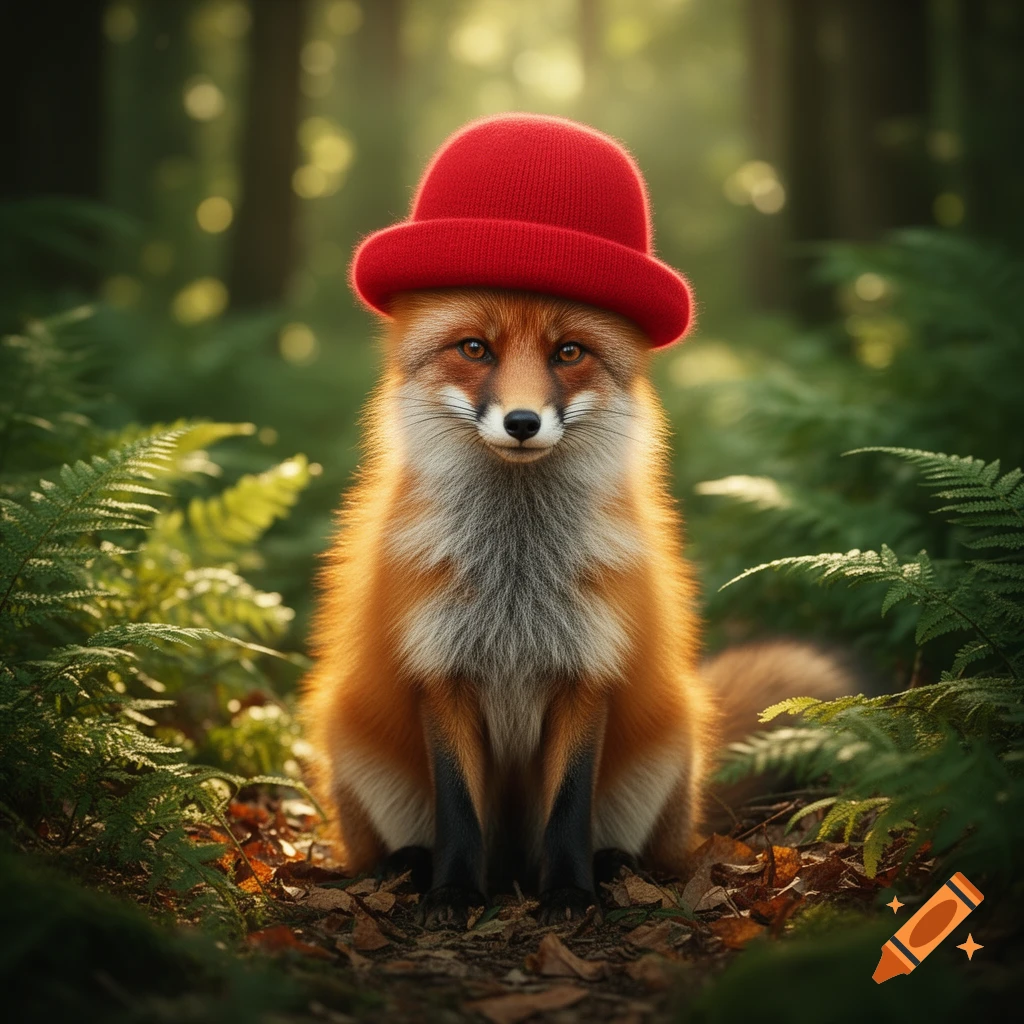 A fluffy red fox wearing a bright red bowler hat sits in a lush green forest with dappled sunlight.