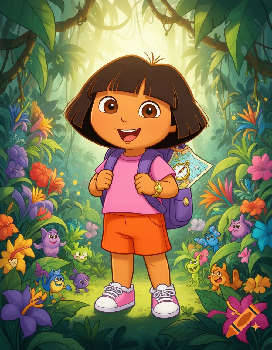 Dora the Explorer stands smiling in a vibrant jungle, surrounded by colorful flowers and cute cartoon animals.