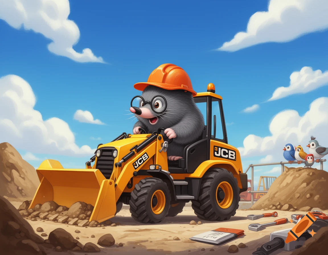A cartoon mole wearing an orange hard hat and glasses drives a yellow JCB excavator on a dirt construction site, with birds observing nearby.