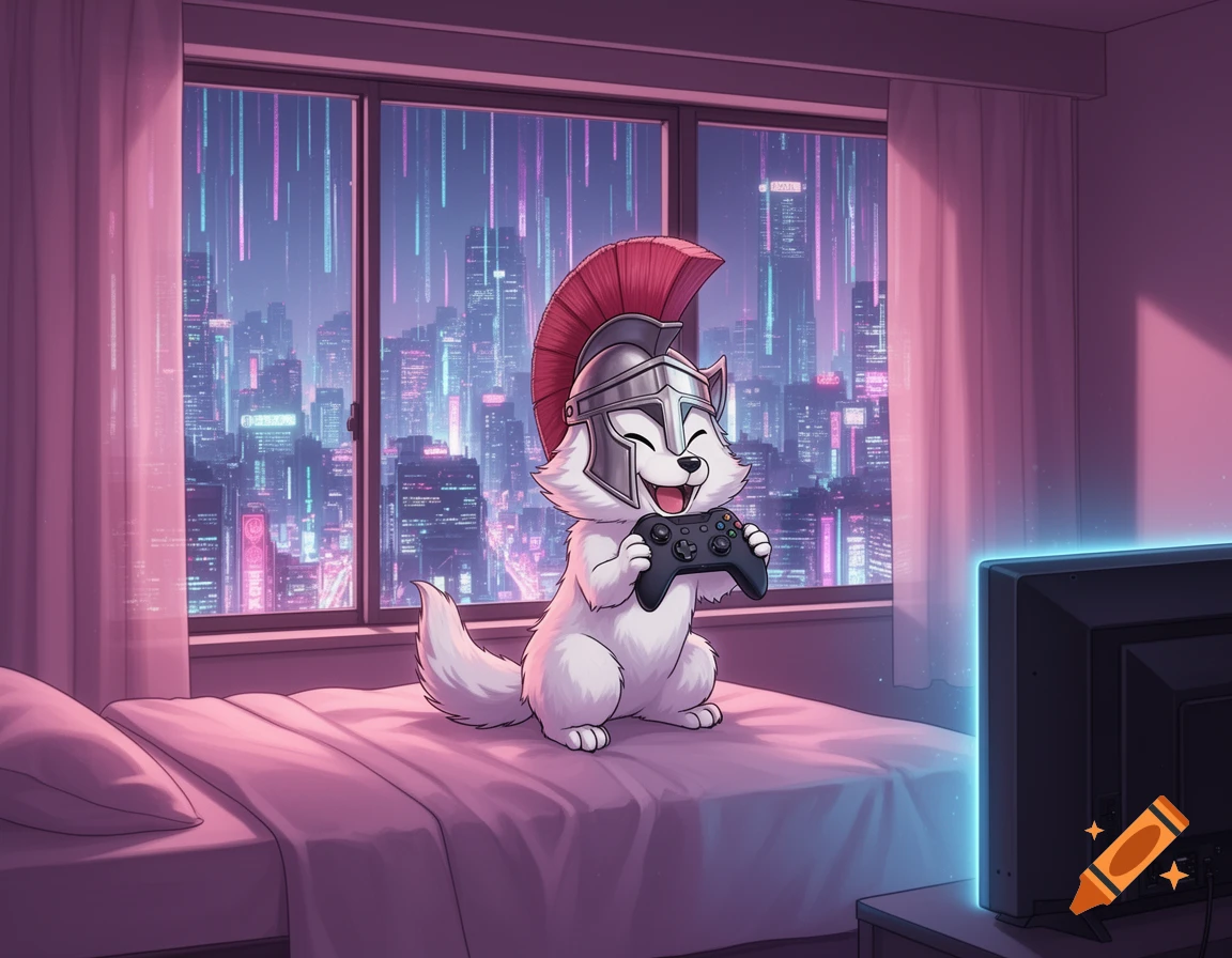 An anime-style white wolf in a Spartan helmet plays video games on a bed, overlooking a vibrant cyberpunk city at night.
