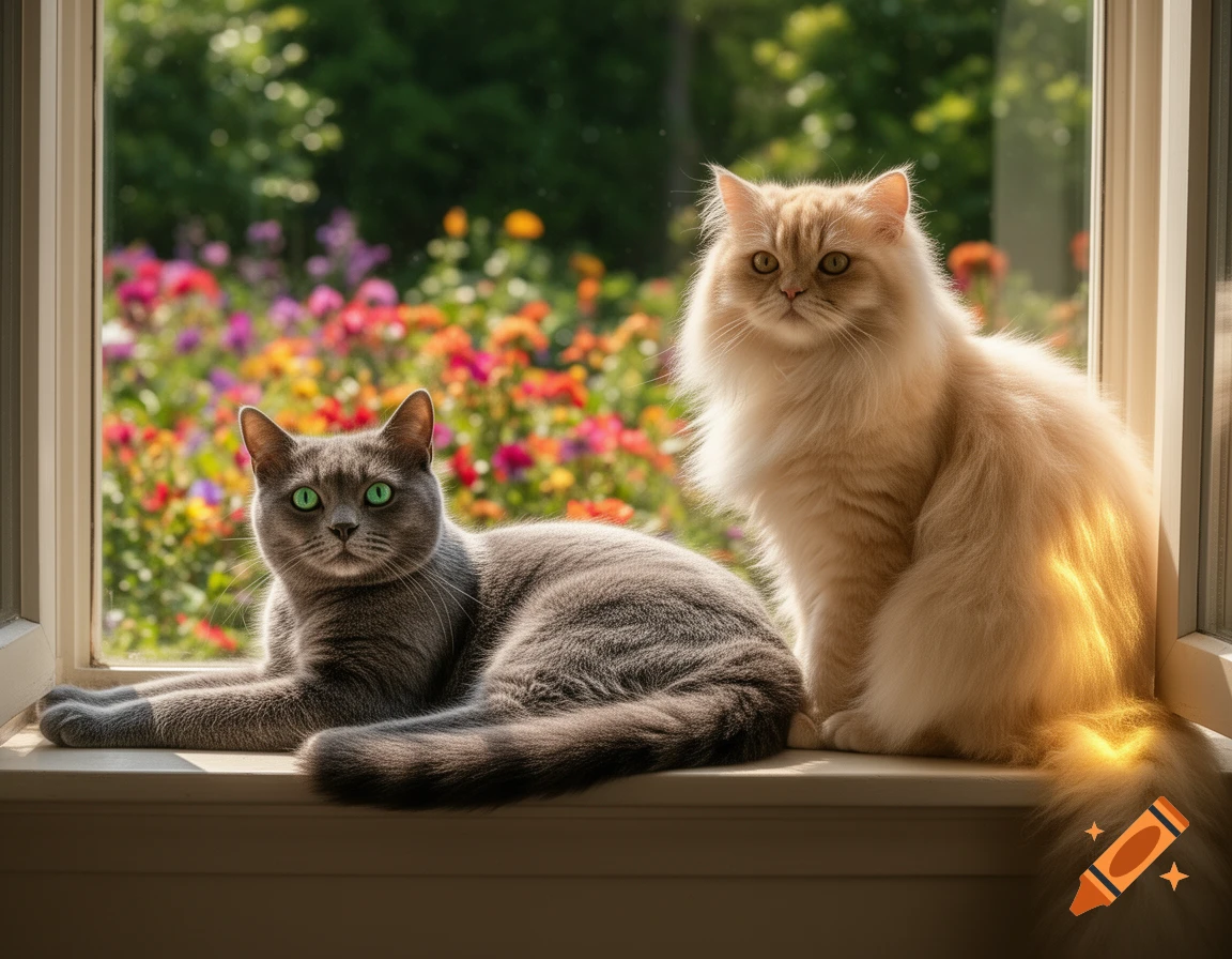 A grey cat and a fluffy cream cat sit on a windowsill with colorful flowers and green foliage outside.