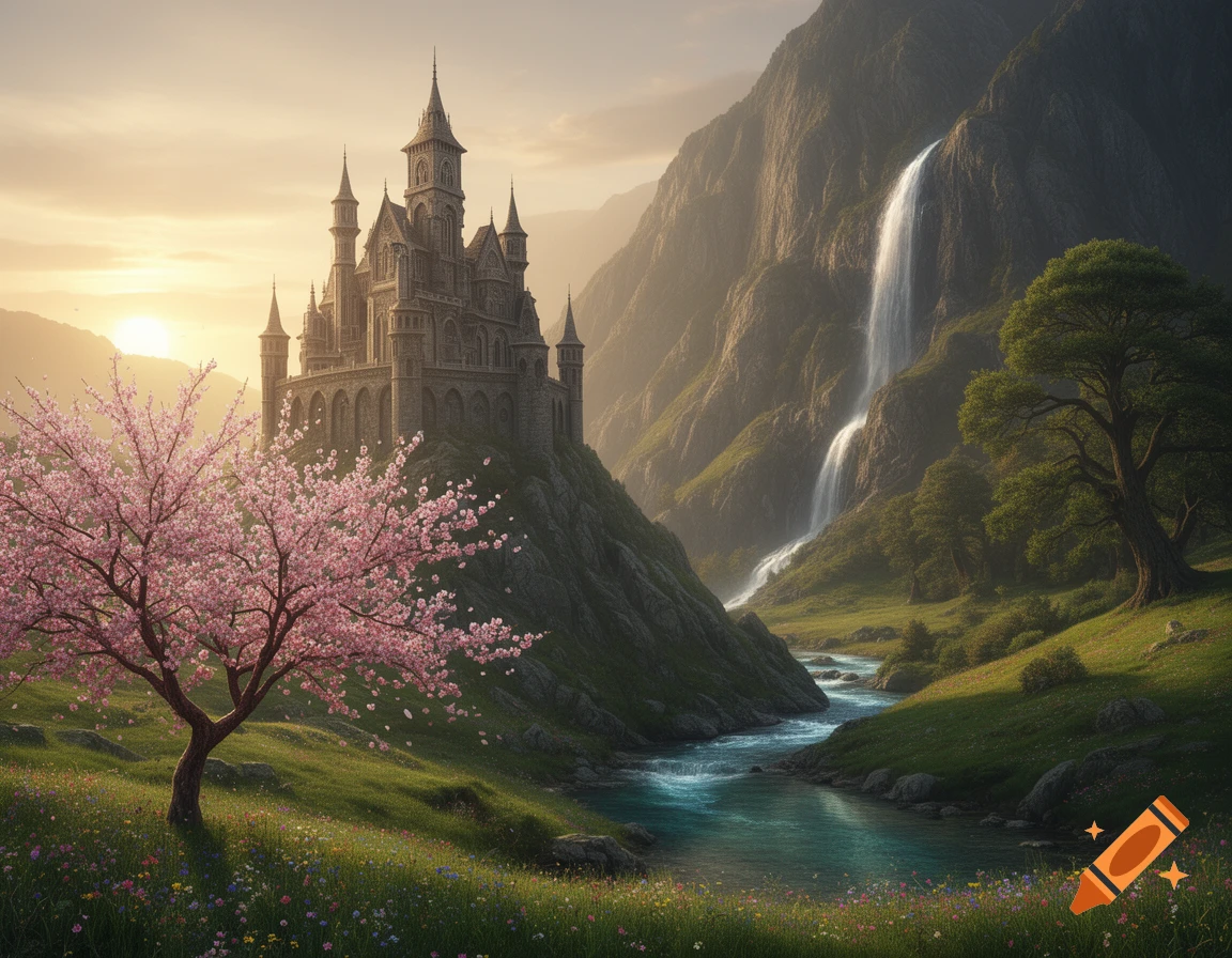 A majestic fantasy castle overlooks a lush valley with a blooming pink cherry blossom tree, a river, and a towering waterfall at sunrise.