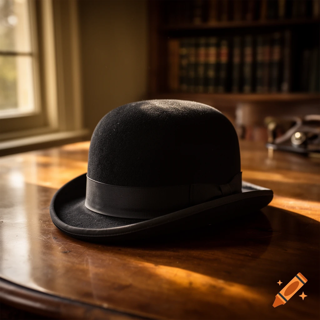 A black bowler hat rests on a glossy wooden table, with sunlight illuminating its felt texture. A blurry bookshelf and window are in the background.
