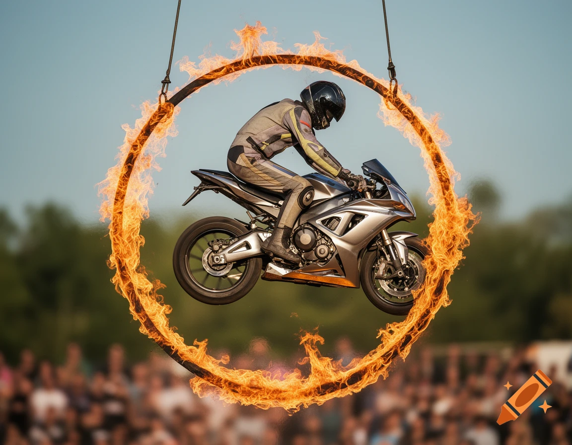 A motorcyclist in protective gear leaps through a ring of fire above a blurred crowd, under a clear sky.