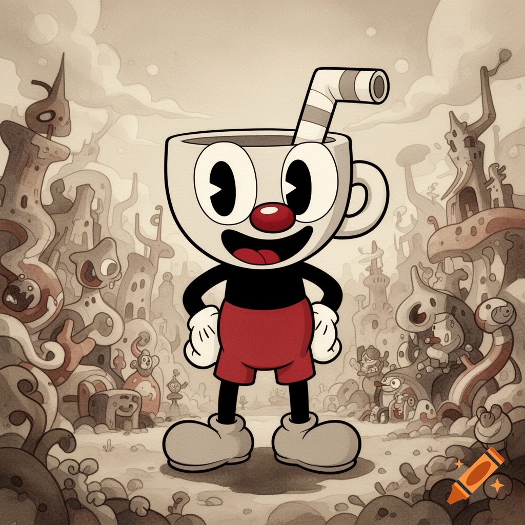 Cuphead, a cheerful cartoon character with a cup for a head, red shorts, and large shoes, stands in a whimsical, surreal landscape.