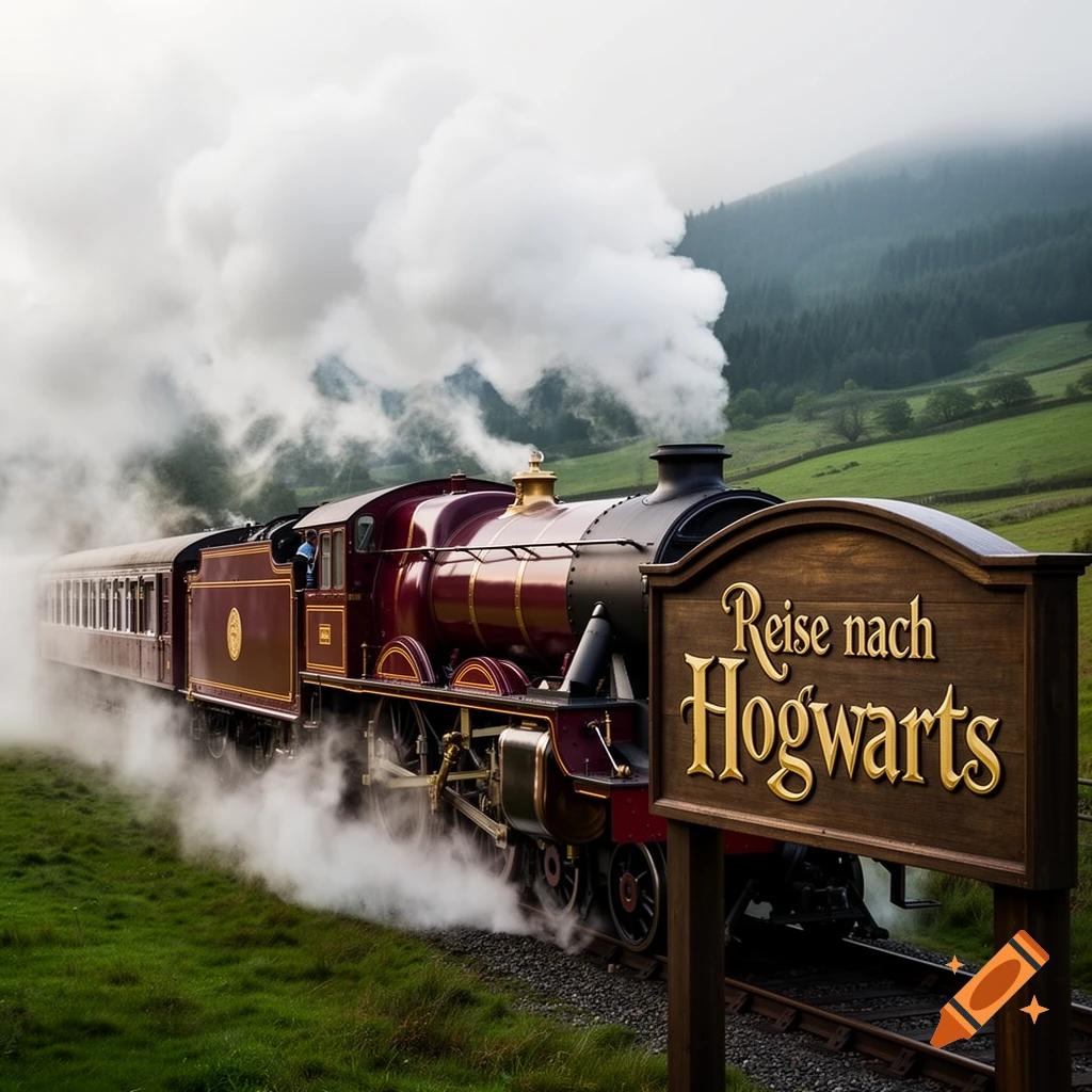 A red and gold Hogwarts Express steam train travels through a misty green landscape past a wooden sign reading 'Reise nach Hogwarts'.
