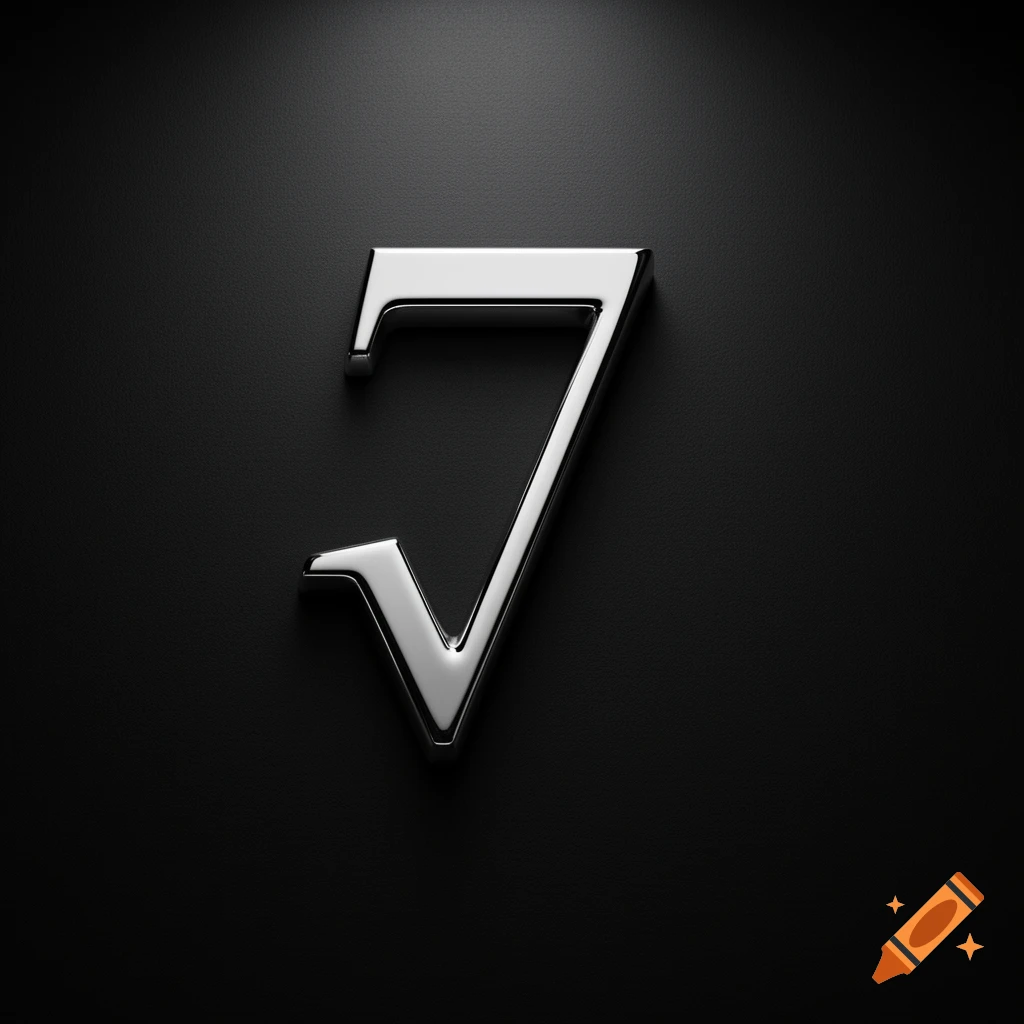 A shiny chrome symbol blending the number seven and a square root sign on a dark textured background.