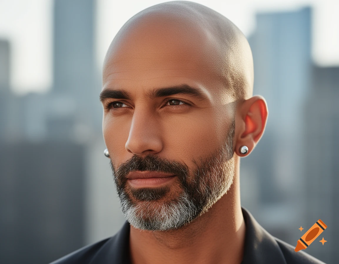 Close-up photorealistic portrait of a bald man with a salt-and-pepper beard and earrings against a blurred city background.