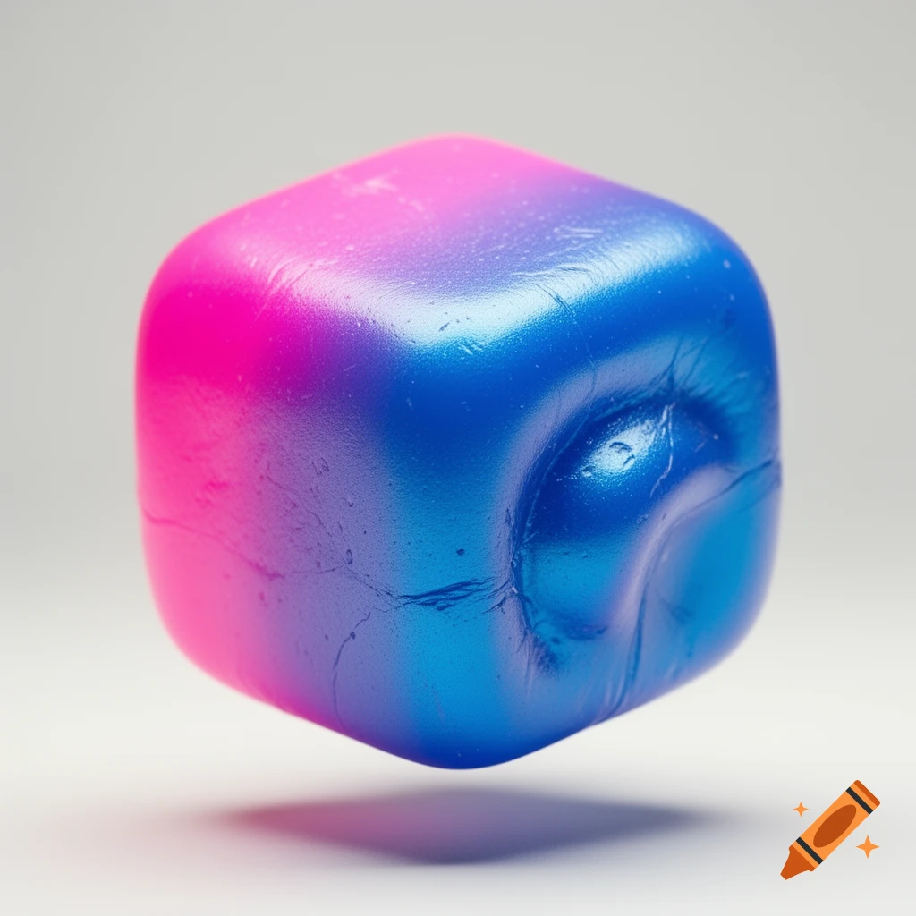A soft, rounded cube with a gradient of bright pink on one side transitioning to blue on the other, floating against a light grey background.