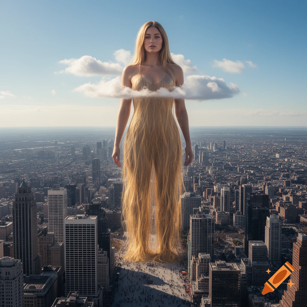A giant woman with long blonde hair forming her lower body stands above a sprawling cityscape under a blue sky.