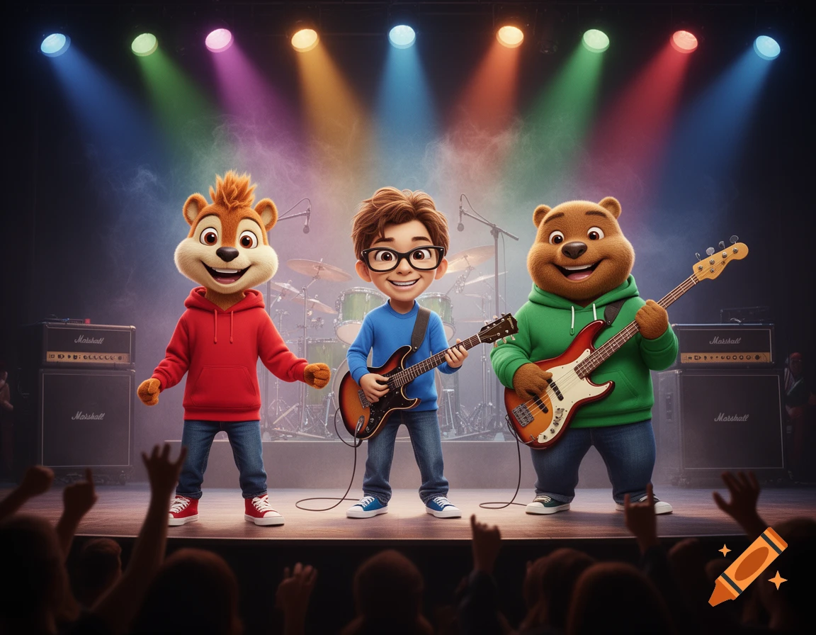 Animated Alvin, a chipmunk, and a bear play guitars on a brightly lit concert stage with an audience.