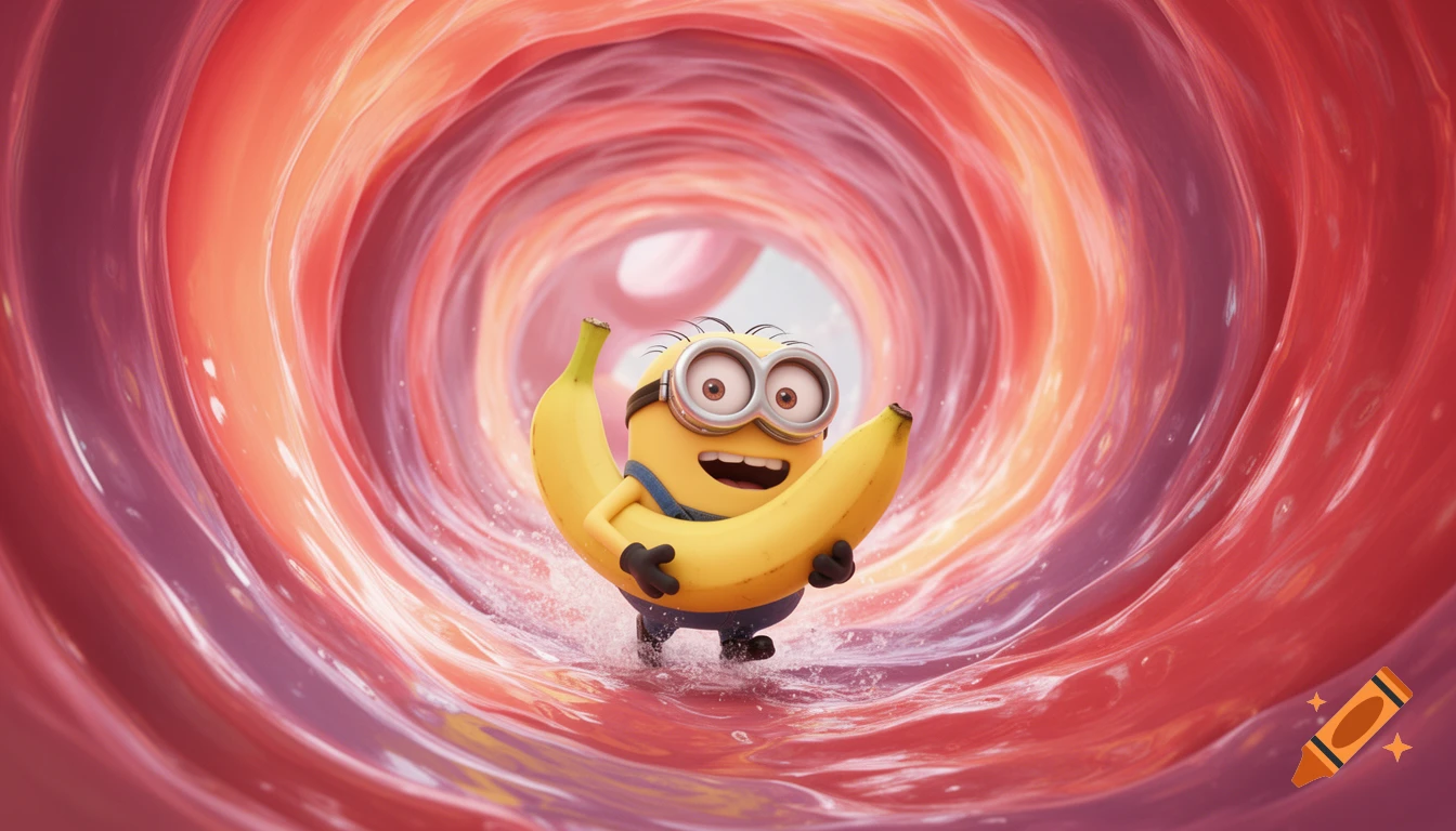 A happy Minion, Stuart, slides through a red-orange tunnel of an esophagus, holding a banana, in a 3D animated style.