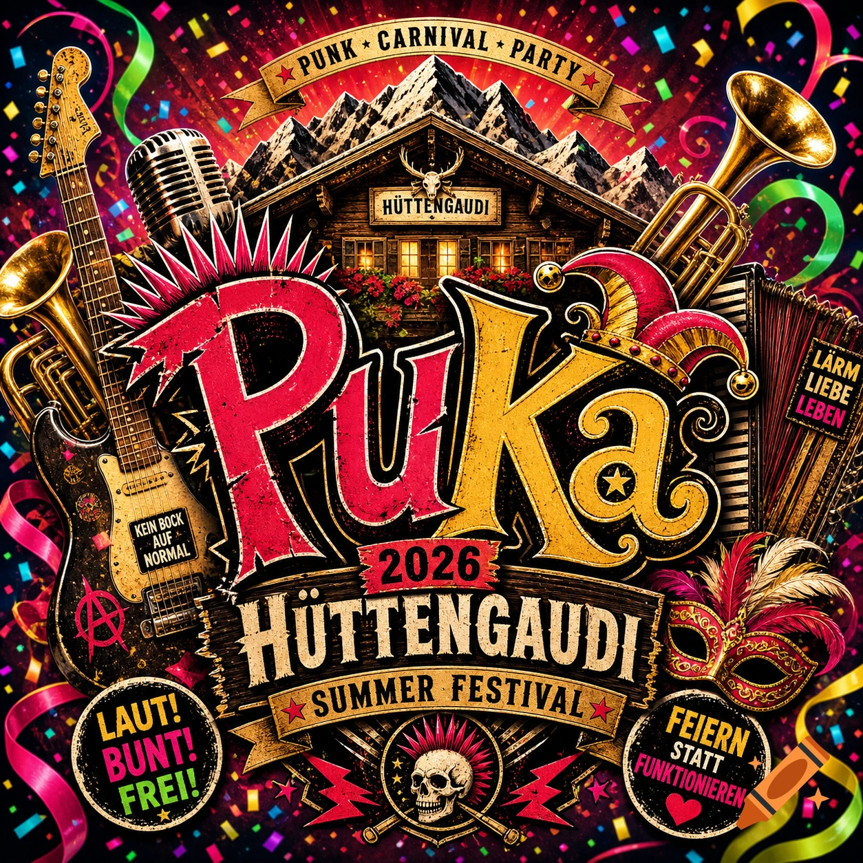 Vibrant, detailed festival logo with 'PuKa Hüttengaudi Summer Festival 2026' text, mountains, a chalet, punk skull, instruments like guitar, saxophone, and accordion, confetti, and ribbons.