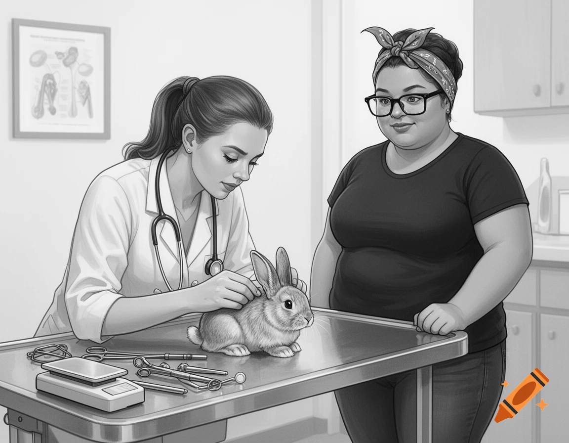 Black and white illustration of a female vet examining a rabbit on a table while a woman with glasses and a headscarf watches.