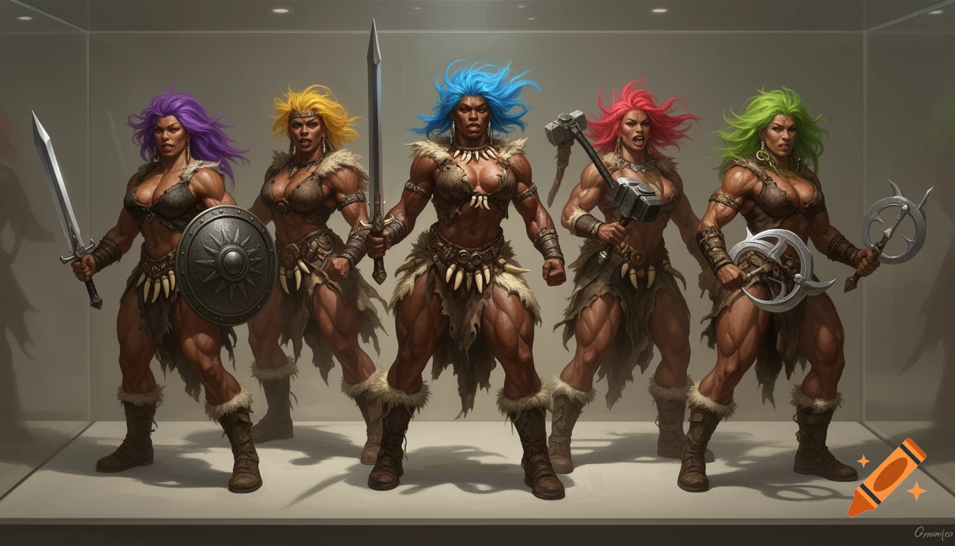 Five muscular barbarian women with colorful hair, holding various weapons, posed inside a glass display case as if figurines.