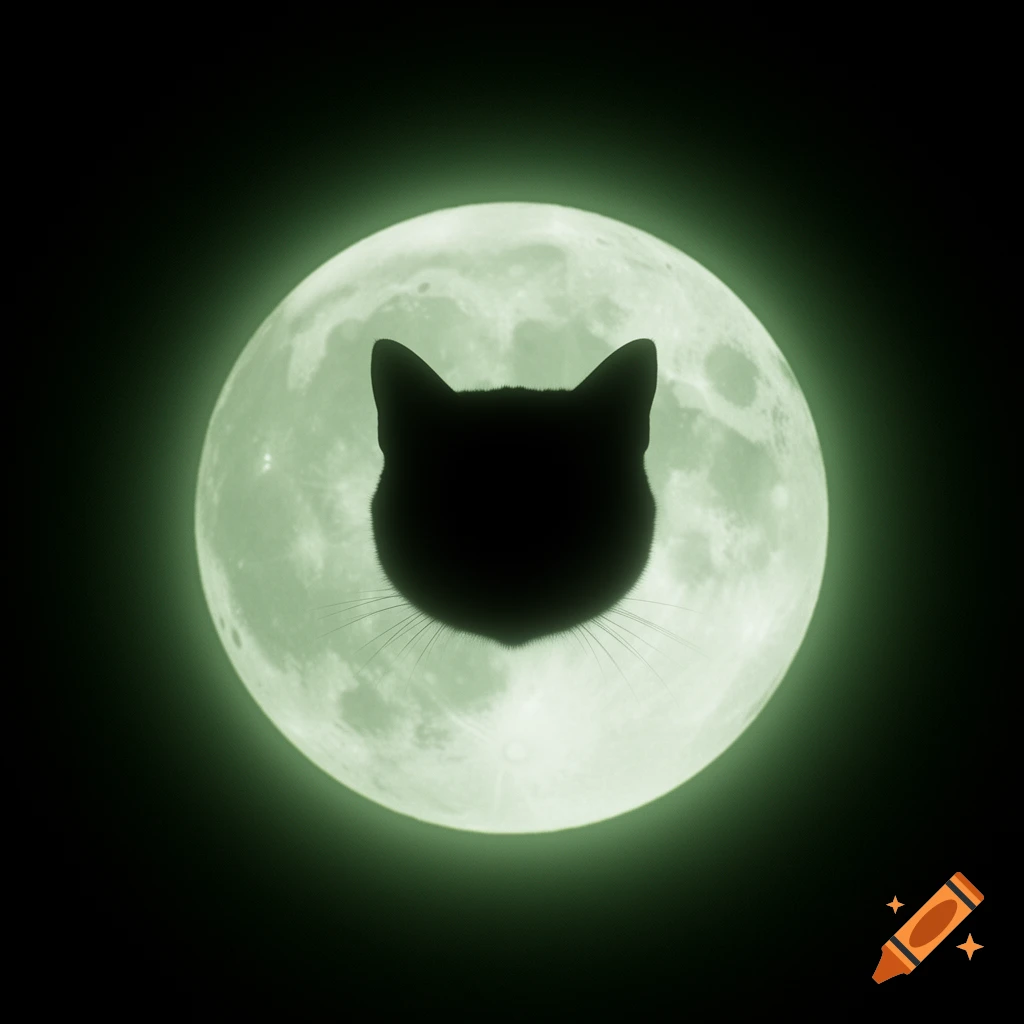A black cat silhouette with whiskers against a glowing green full moon on a dark background.