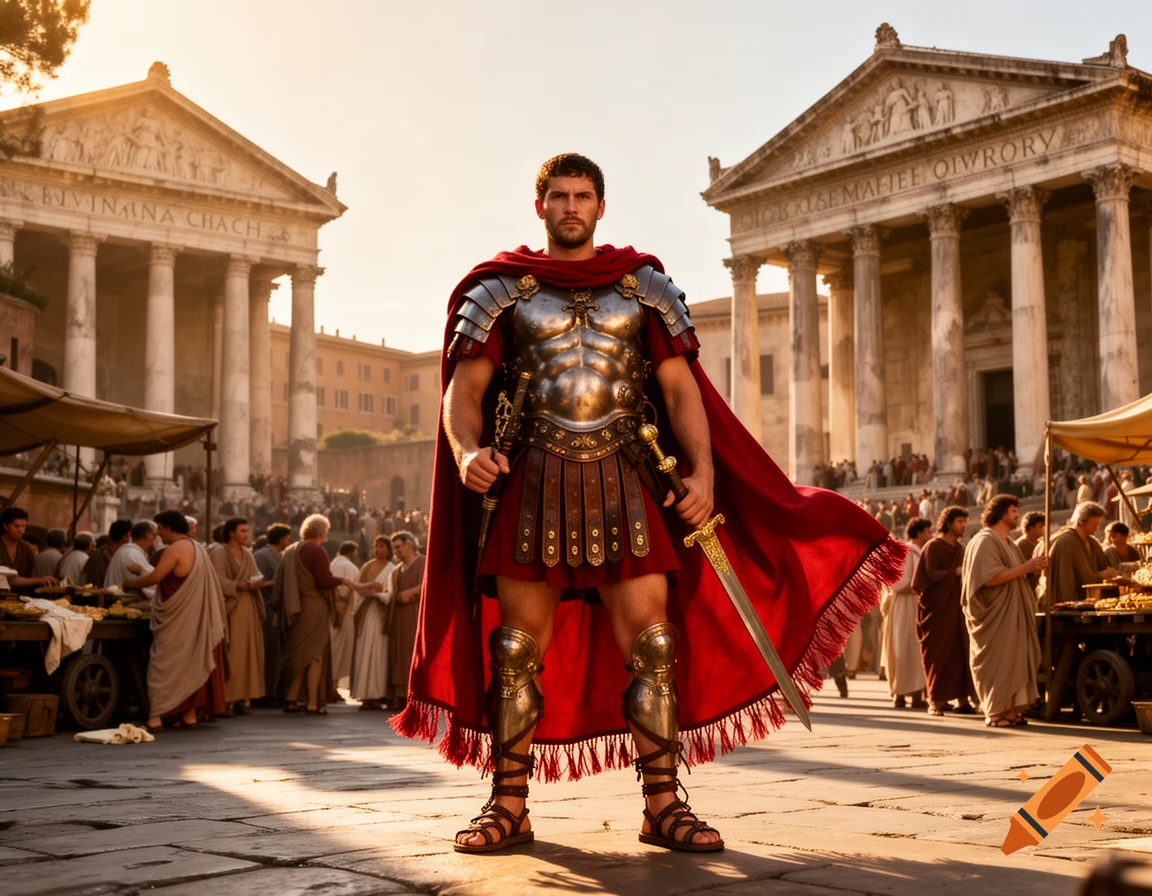A photorealistic image of a Roman commander in polished armor and a red cape standing in a bustling ancient Roman forum with temples.
