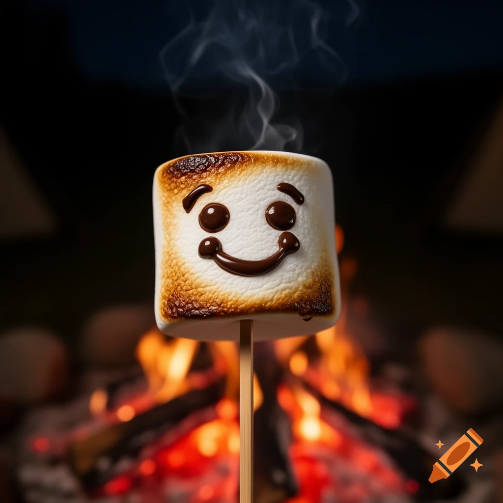 A cute, perfectly roasted marshmallow with a chocolate smiley face on a stick, steaming gently over a warm, blurred campfire in the dark.