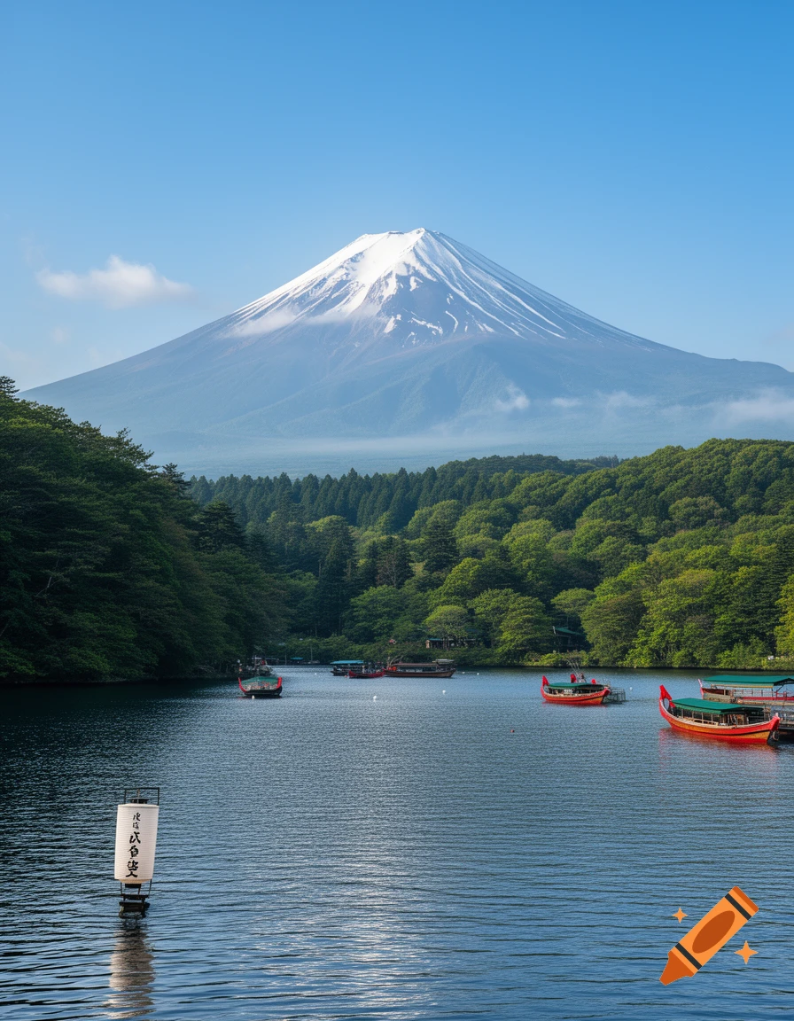 Photorealistic view of Mount Fuji towering over a serene lake with traditional Japanese boats and a lantern.