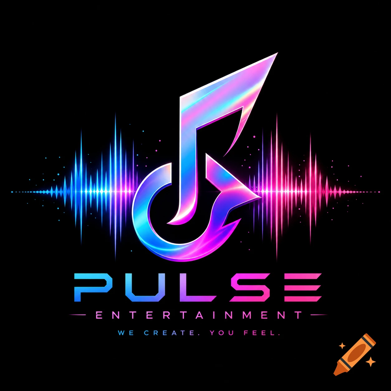 A vibrant, neon-colored logo featuring a musical note, sound waves, and text "PULSE ENTERTAINMENT WE CREATE. YOU FEEL." on a black background.