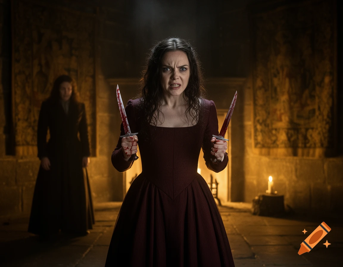 An angry woman in a dark red dress holds two bloodied daggers, glaring intensely. Another figure stands in the shadowy background.