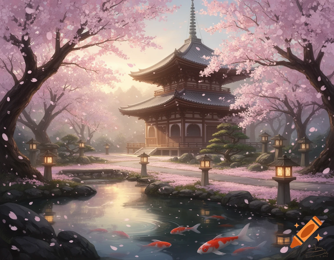 Illustrated Japanese garden with a pagoda, pink cherry blossoms, koi fish in a pond, and stone lanterns at sunset.