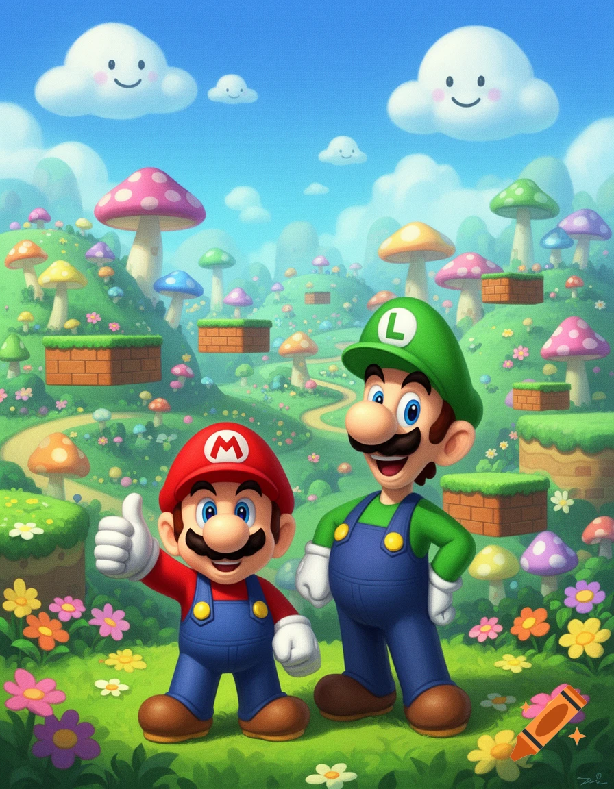 Cartoon Mario and Luigi stand in a vibrant Super Mario Bros. landscape with colorful mushrooms, floating blocks, and smiling clouds.