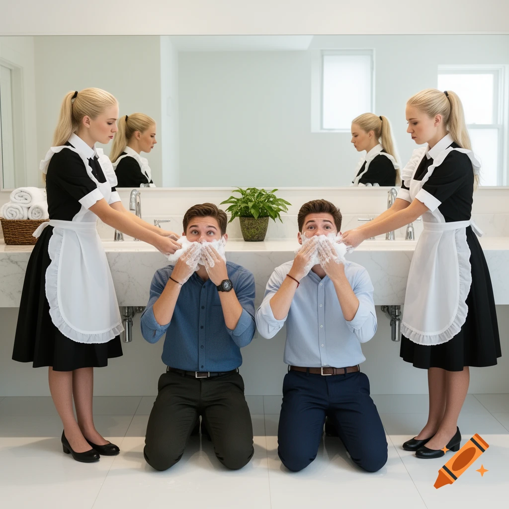 Two blonde maids in black and white uniforms apply white soap foam to the faces of two men kneeling in a modern bathroom.