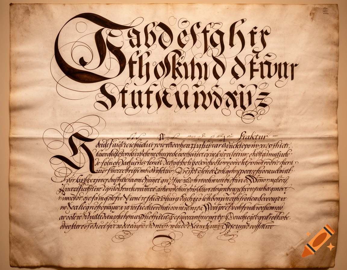 A page from a 16th-century European calligraphy manual on aged parchment, featuring ornate Gothic Fraktur and dense cursive script.
