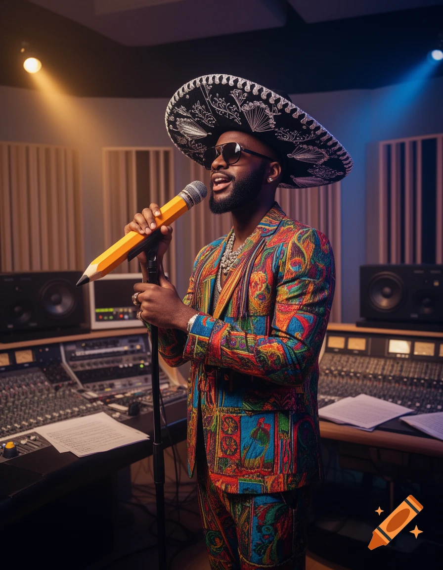 A man in a vibrant, patterned suit and sombrero sings into a pencil-shaped microphone in a recording studio.