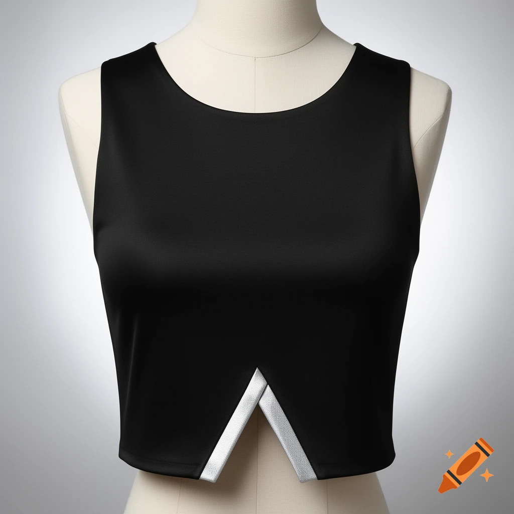 A black scoop neck crop tank top with a silver angular v-notch hem, displayed on a mannequin.