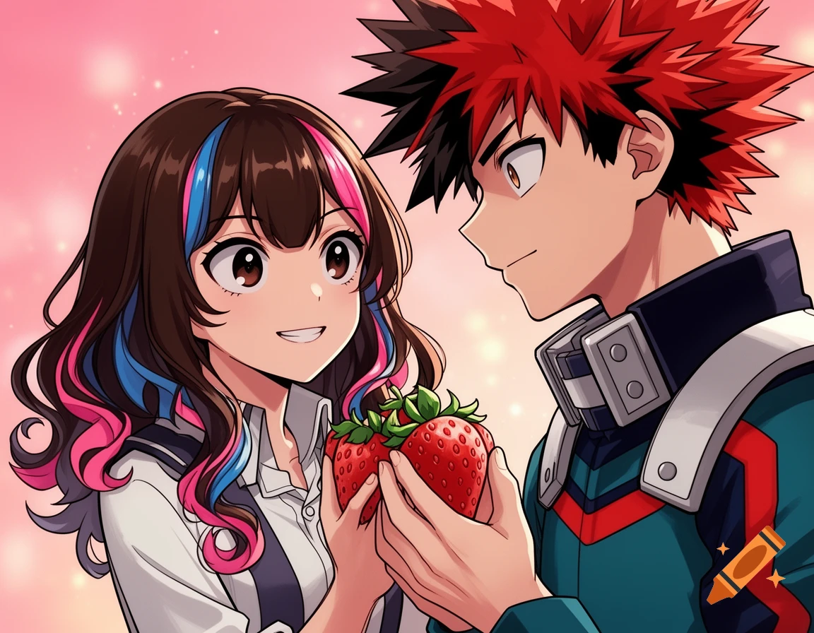 Anime style illustration of a girl with streaked hair and a boy with spiky red hair, both smiling and holding strawberries against a pink background.