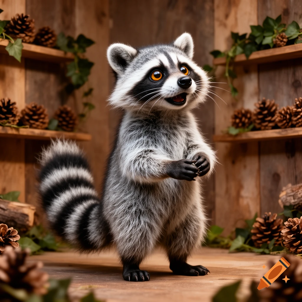 A cute, fluffy cartoon raccoon stands on its hind legs, looking up with big orange eyes, surrounded by pinecones in a wooden setting.