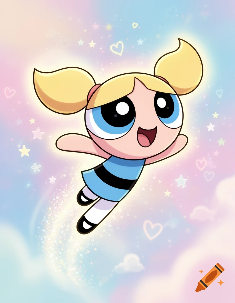A cartoon drawing of Bubbles from The Powerpuff Girls, with blonde pigtails, a blue dress, and large blue eyes, flying happily against a pastel pink and blue sky filled with stars and hearts.