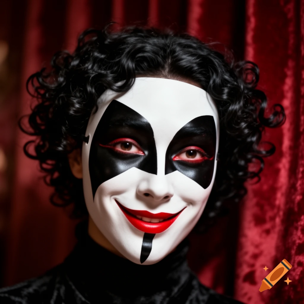 Close-up of a person in Harlequin makeup with white face paint, black eye shapes, red lips, and curly black hair against a red background.