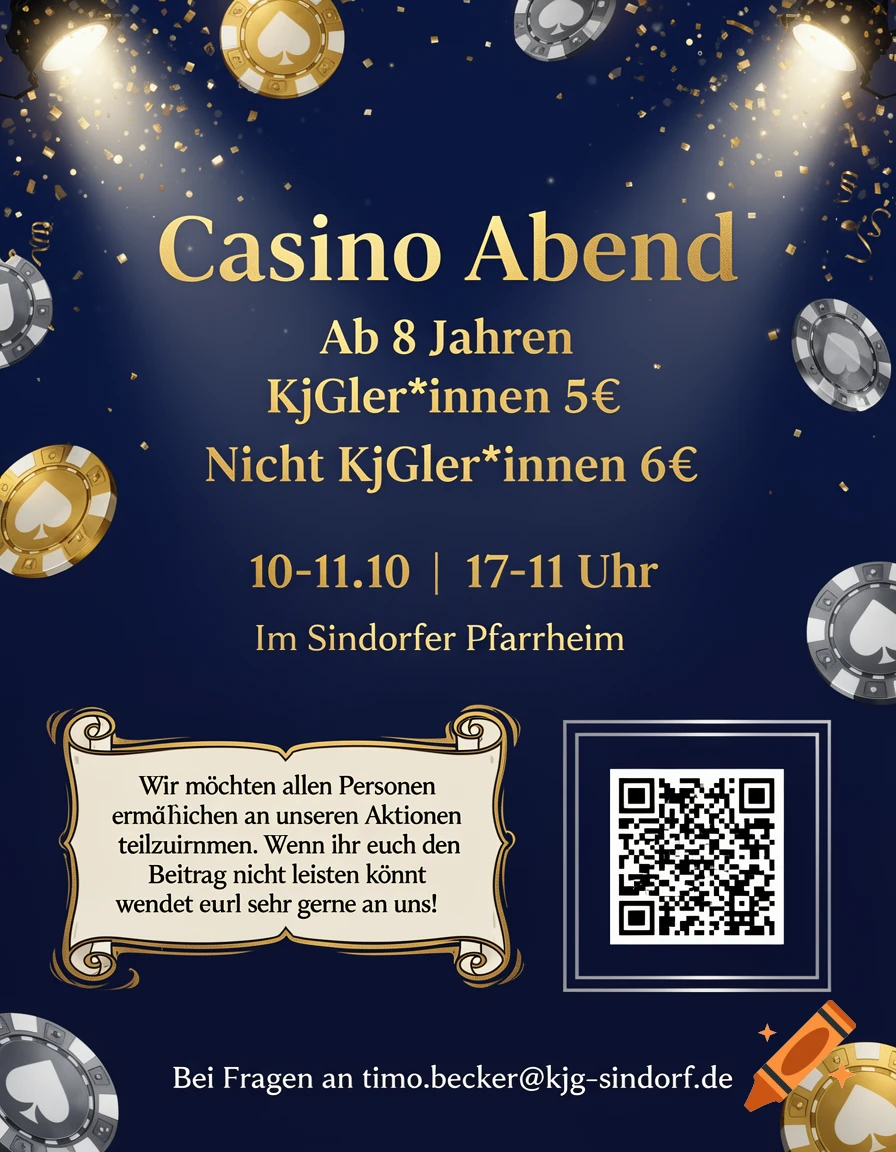 A dark blue event flyer with golden text that reads "Casino Abend" and details about the event. Falling confetti and casino chips are visible, along with a placeholder for a QR code.