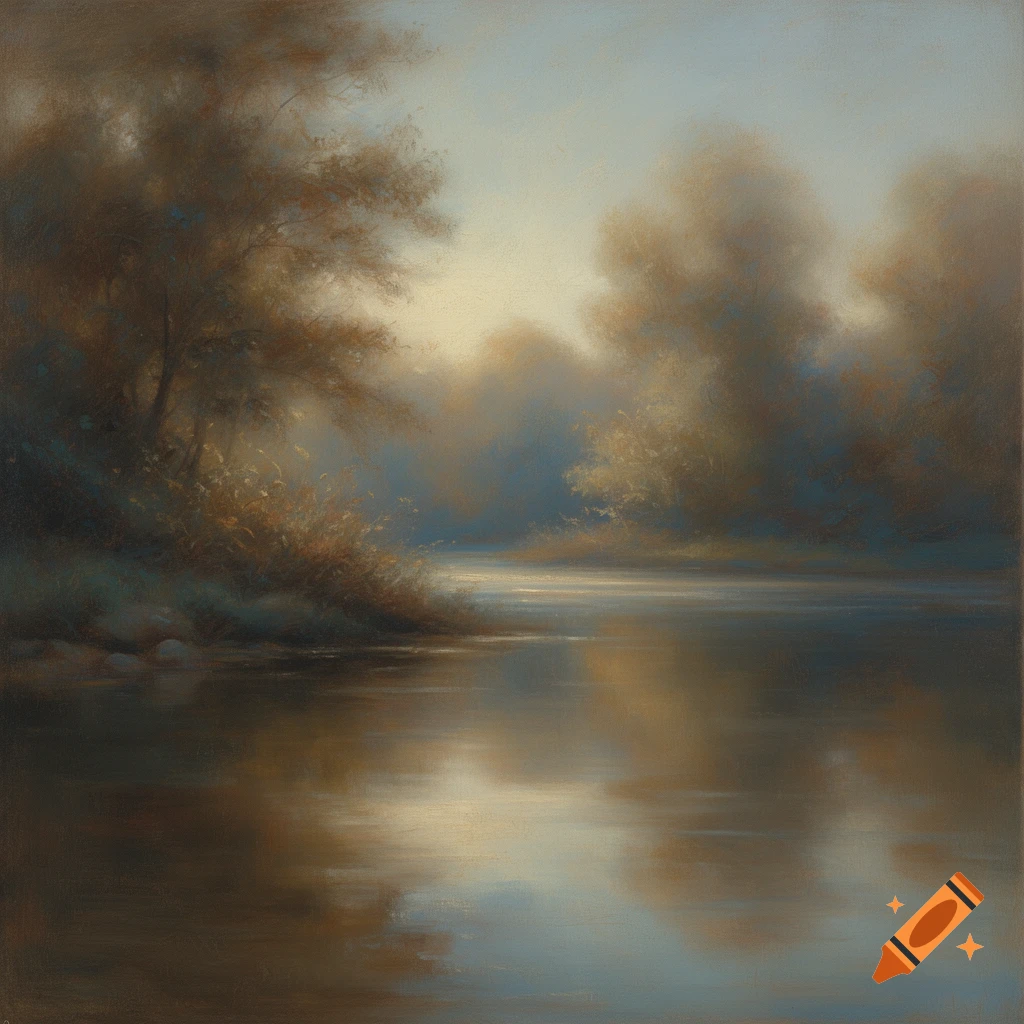 An oil painting of a tranquil river flowing through a misty forest at dusk, with soft light reflecting on the water.
