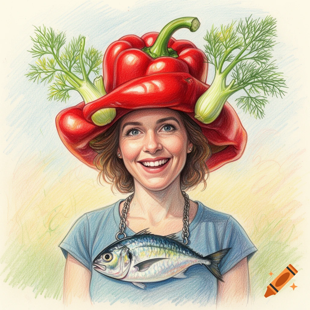 Colored pencil drawing of a smiling woman wearing a red bell pepper hat, fennel, and a fish necklace.