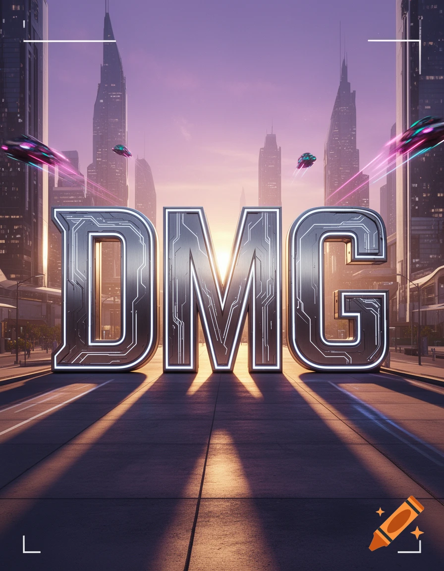 Large metallic 3D letters "DMG" stand on a futuristic city street under a purple sky with skyscrapers and flying vehicles.