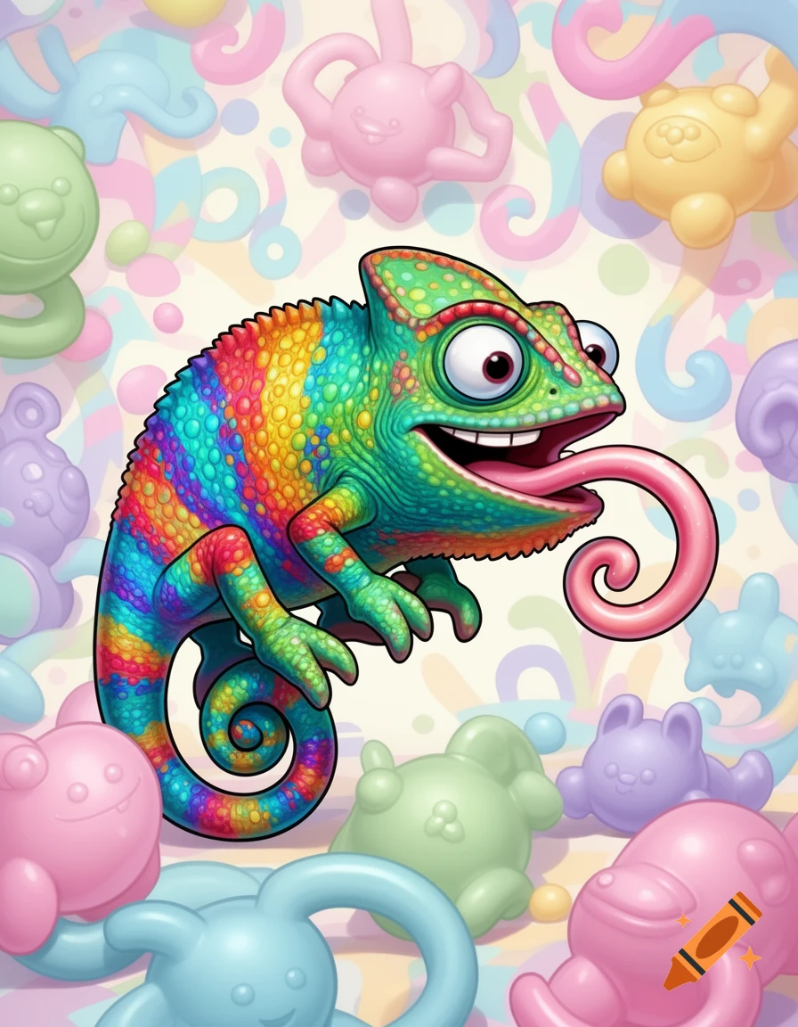 A vibrant, cartoon chameleon with a long pink tongue smiles, set against a background of pastel baby toy shapes.