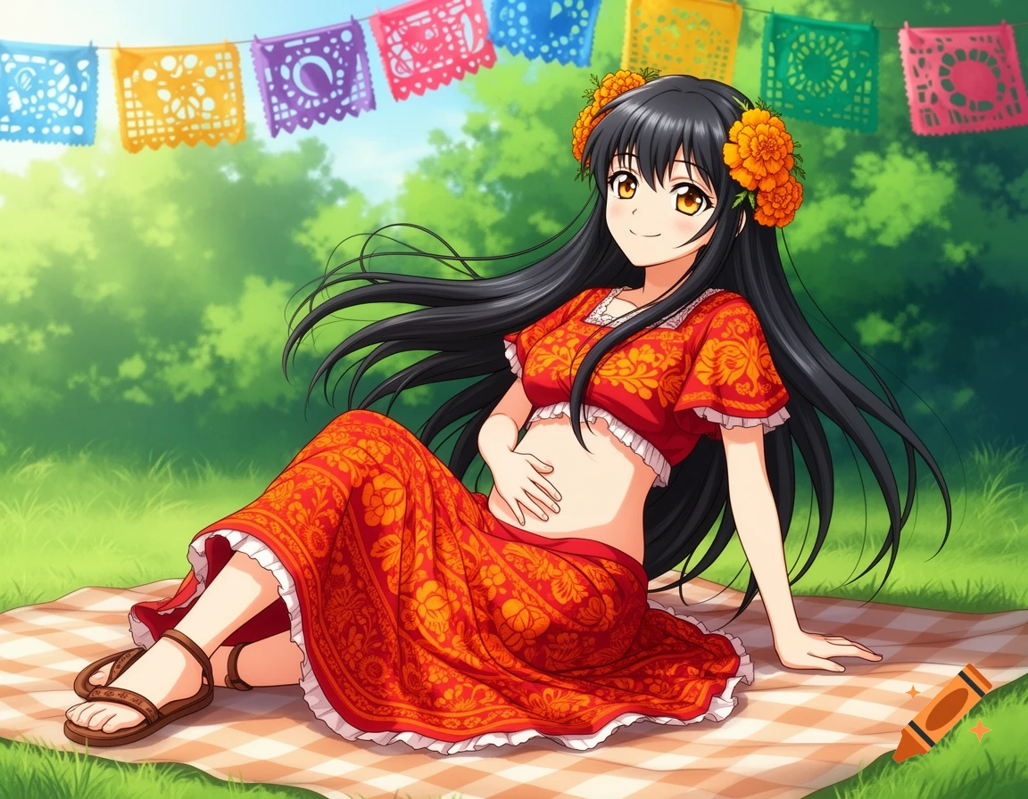 An anime girl with black hair and marigold flowers in her hair sits on a picnic blanket in a red traditional dress, in front of papel picado banners.