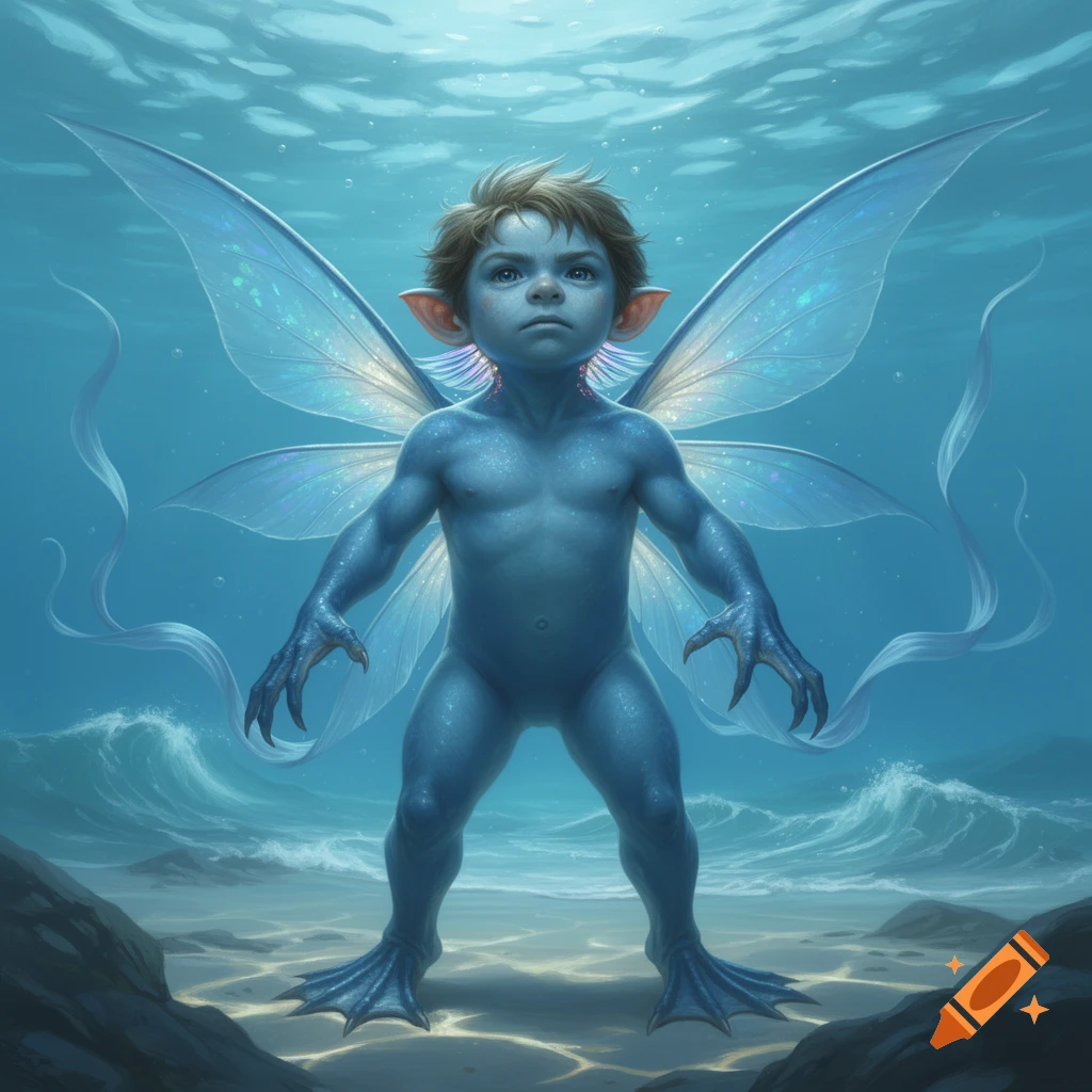 A blue-skinned aquatic halfling with large fairy wings, clawed hands, and webbed feet stands underwater with waves crashing in the background.
