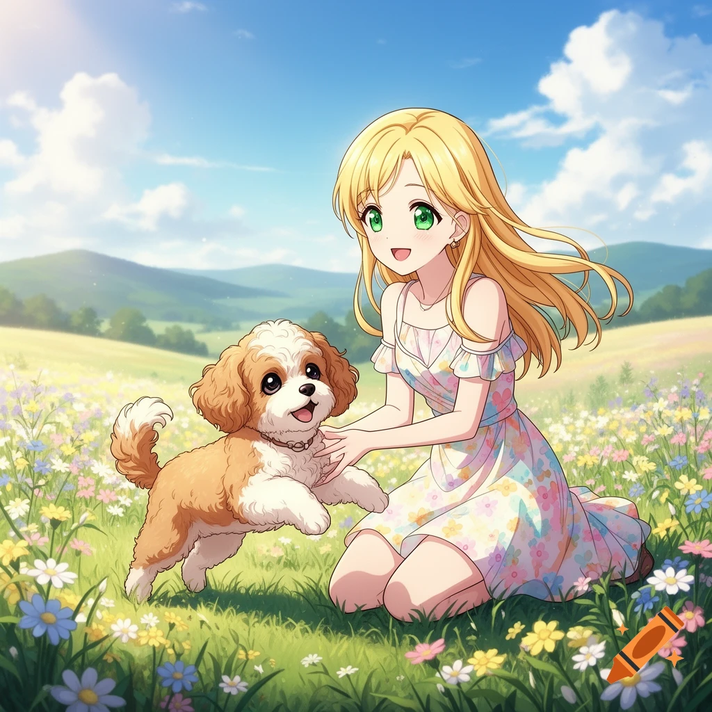 An anime girl with blonde hair and a joyful Cavapoo puppy in a vibrant field of wildflowers under a blue sky.
